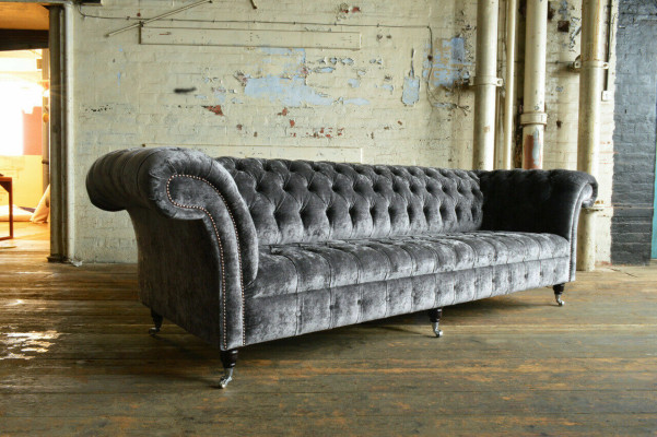 Sofá de lujo Chesterfield gris de diseñador, sofá de tela de 4 plazas.