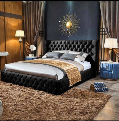 Chesterfield Cama negra Dormitorio Camas Textil Terciopelo Gran Cama Hotel