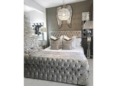 Cama Chesterfield para dormitorio, cama de tela de 180x200 cm en terciopelo gris Big Hotel Nuevo.