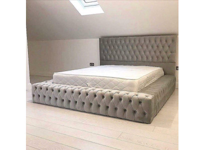 Chesterfield Gran Cama Gran Cabecero Camas Tapizadas Hotel Terciopelo Gris Tela Orejas