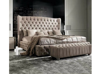 Cama doble Chesterfield auténtica, cama de hotel, tapicería textil 160x200cm, tela nueva.