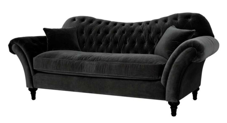 Sofá de tela negro de tres plazas Chesterfield para la sala de estar.