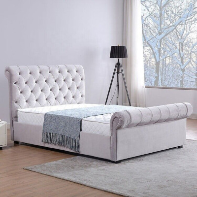 Clásica cama de tela de terciopelo doble con cabecero acolchado para hoteles de 180x200 cm.