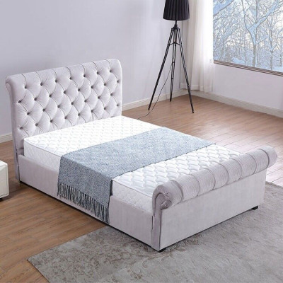 Clásica cama de tela de terciopelo doble con cabecero acolchado para hoteles de 180x200 cm.