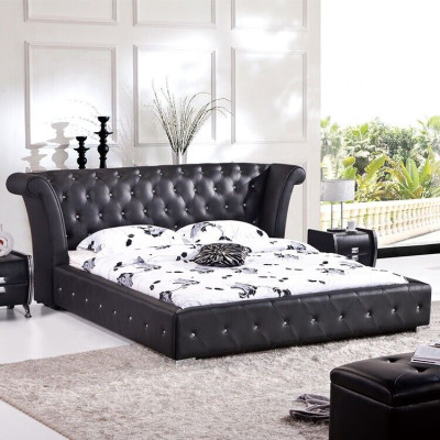 Chesterfield Gran cama XXL Cabecero camas Tapizado Hotel Terciopelo Negro Tela Orejas