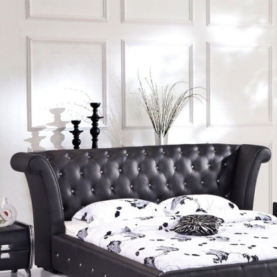 Chesterfield Gran cama XXL Cabecero camas Tapizado Hotel Terciopelo Negro Tela Orejas