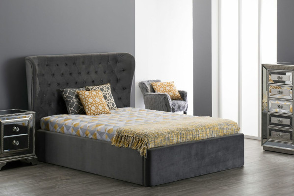 Cama de diseño Chesterfield 180x200cm en gris, camas de dormitorio de hotel de lujo tapizadas.