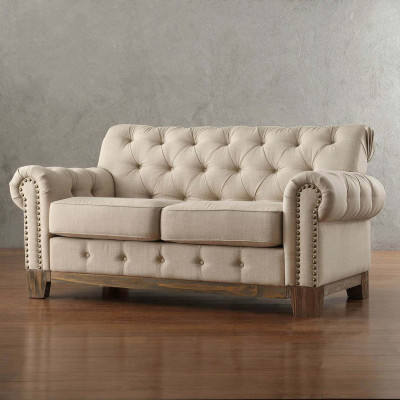 Chesterfield 2 plazas Clásico de lujo con estructura de madera natural Sofá de tela de cuero