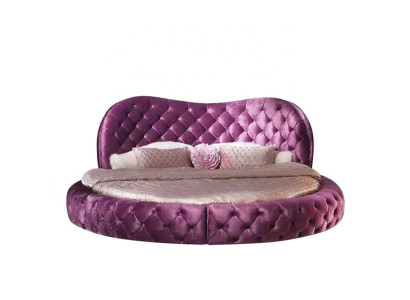 Diseño de cama redonda Chesterfield Dormitorio Textil Lila de cuero acolchado Ronda de lujo