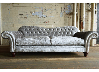 Clásico sofá Chesterfield de 4 plazas en terciopelo y cuero de diseño gris de 240 cm.