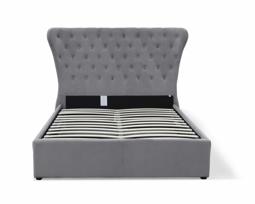 Cama doble Chesterfield de lujo en color gris. Cama de diseño para dormitorio.