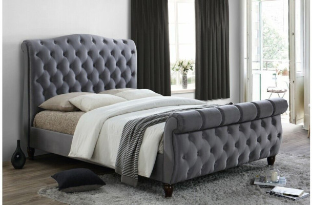 Clásica cama doble de tela de terciopelo, cama doble tapizada para hotel dormitorio 180x200.