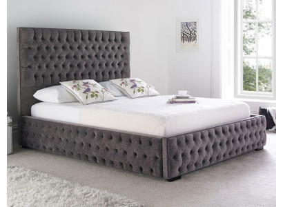 Cama doble Chesterfield gris para hoteles y dormitorios.