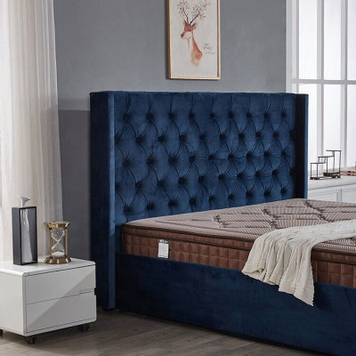 Dormitorio azul real cama acolchada camas dobles diseño Chesterfield