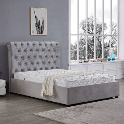 Dormitorio gris real cama tapizada camas diseño Chesterfield textil
