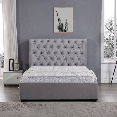 Dormitorio gris real cama tapizada camas diseño Chesterfield textil