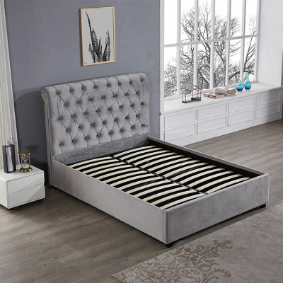 Dormitorio gris real cama tapizada camas diseño Chesterfield textil