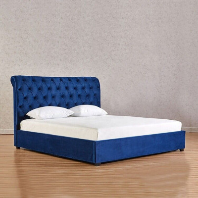 Cama doble Chesterfield azul para dormitorio de lujo, muebles tapizados.