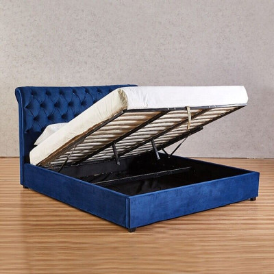 Cama doble Chesterfield azul para dormitorio de lujo, muebles tapizados.