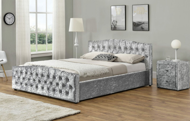 Moderna cama doble de lujo Chesterfield gris, diseñada para dormitorios.