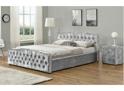 Moderna cama doble de lujo Chesterfield gris, diseñada para dormitorios.