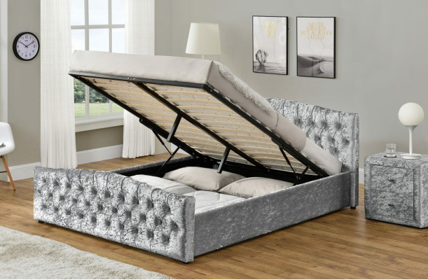 Moderna cama doble de lujo Chesterfield gris, diseñada para dormitorios.