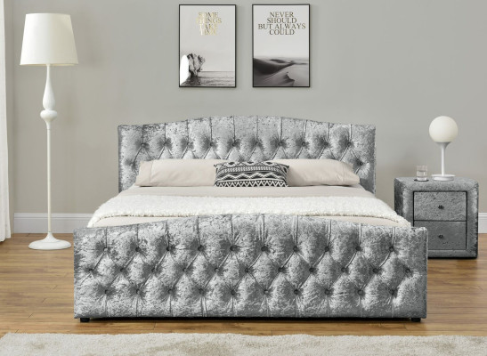 Moderna cama doble de lujo Chesterfield gris, diseñada para dormitorios.