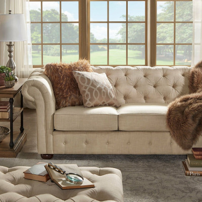Muebles de estilo rústico - Conjunto de sofás Chesterfield de 3 plazas + 2 plazas de tela.