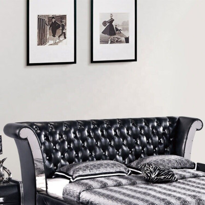 Acero inoxidable de lujo cama de cuero Chesterfield capitoné cama doble diseño camas hotel