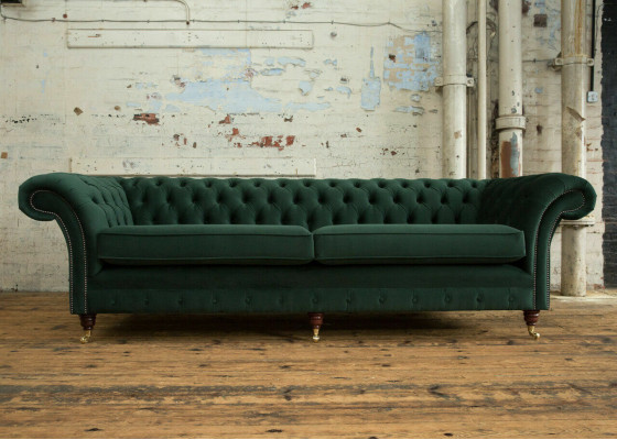 Sofá Chesterfield de tela y cuero verde con grandes cojines, asiento extra grande de 265 cm, nuevo.