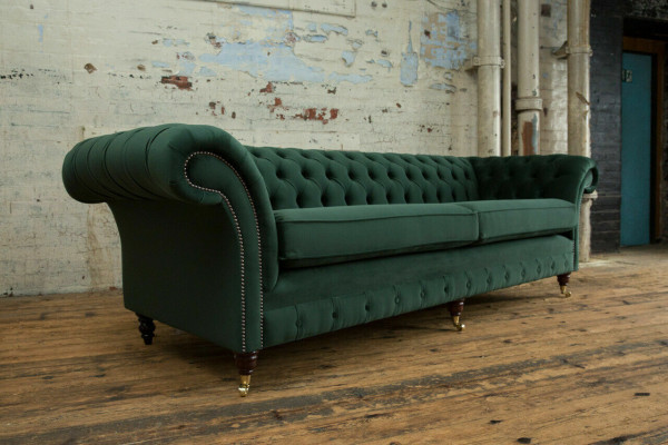 Sofá Chesterfield de tela y cuero verde con grandes cojines, asiento extra grande de 265 cm, nuevo.