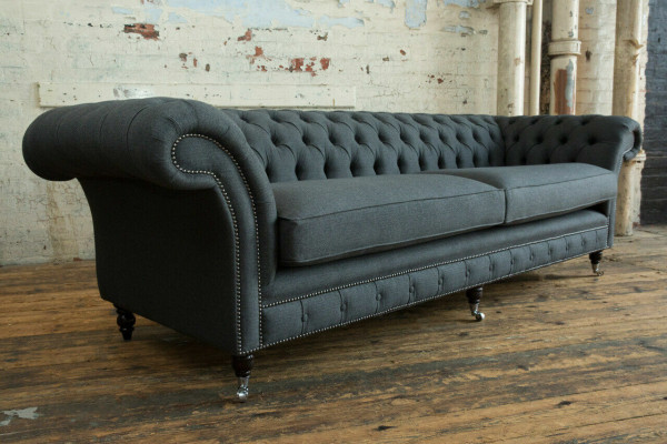 Original Chesterfield Sofá de Tela y Cuero Couch Tapizado Gran Cojín de Asiento Gris 265cm