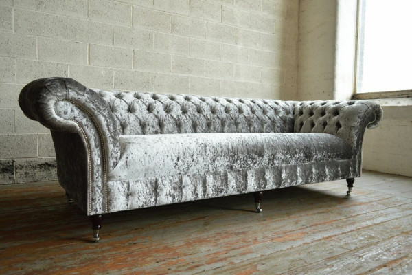 Plata Chesterfield sofá de tela de cuero acolchado grande cojín nuevo 265cm