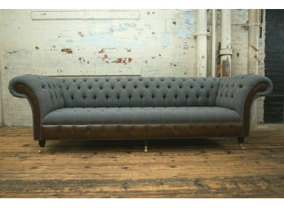 Diseño Chesterfield Sofá de 4 plazas Gris Sofá Acolchado de Cuero Sofás de Sala de Estar Nuevos