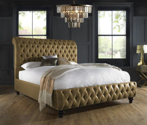 Oro Lujo Tela de Terciopelo Inglaterra Cama Doble Diseño Chesterfield 160x200cm Bed  