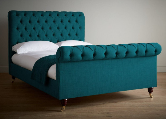 Cama doble Chesterfield de gasa de color turquesa, camas tapizadas de diseño para dormitorio.
