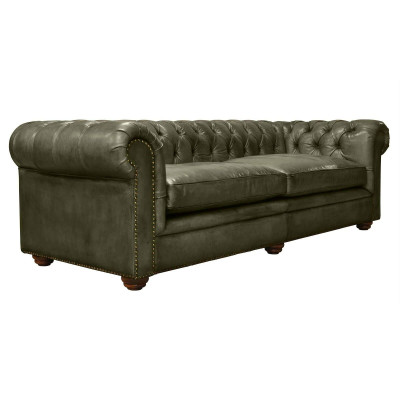 Elegante sofá de salón Chesterfield de cuatro plazas de cuero y tela, nuevo