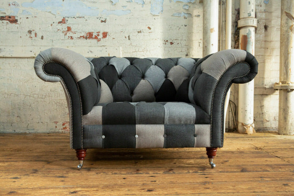 Sillón Chesterfield de color gris azulado de lujo de diseñador de una plaza