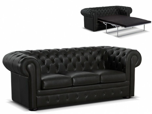 Sofá Chesterfield de diseñador de cuero negro elegante de 3 plazas.