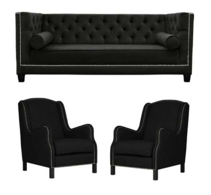Sofá negro de tres plazas con dos sillones tapizados, juego de sofás 3+1+1.