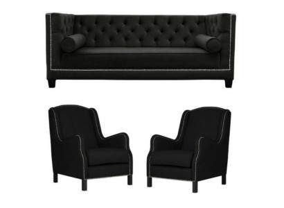 Sofá negro de tres plazas con dos sillones tapizados, juego de sofás 3+1+1.
