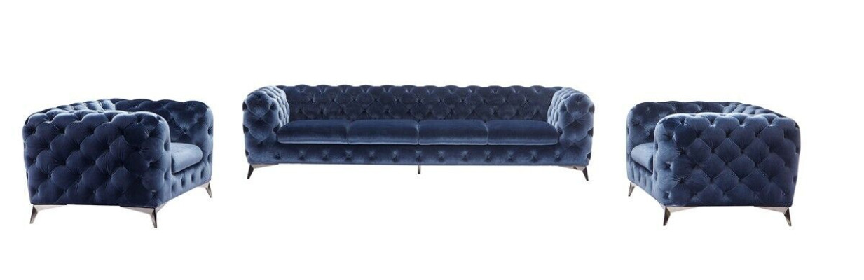 Sofá Chesterfield azul conjunto de tapicería textil 2+2 muebles de diseñador