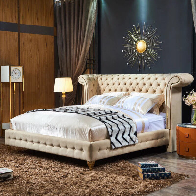Dormitorio clásico Cama Beige Textil Cuero Acolchado Cama doble 180x200cm