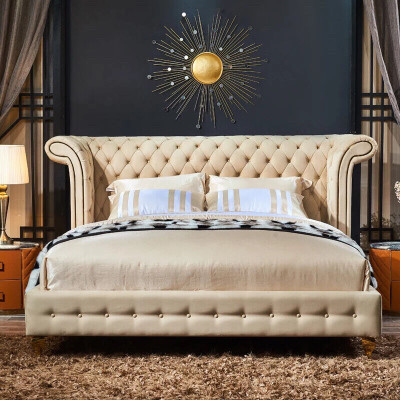Dormitorio clásico Cama Beige Textil Cuero Acolchado Cama doble 180x200cm