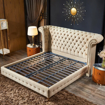 Dormitorio clásico Cama Beige Textil Cuero Acolchado Cama doble 180x200cm
