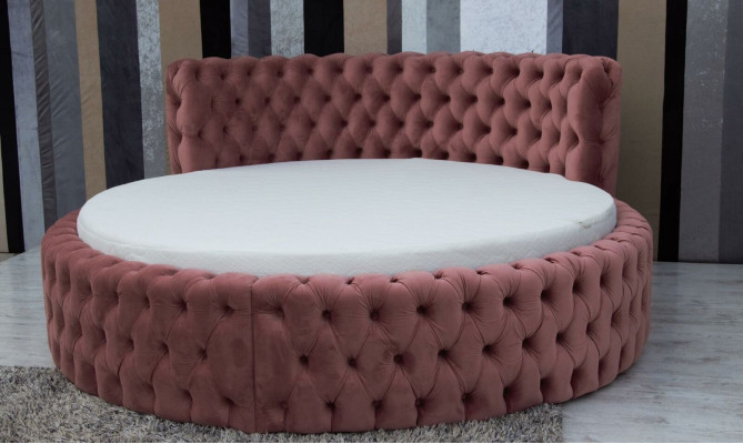 Cama redonda de terciopelo Chesterfield, lujo, acolchada, cama redonda, tela de hotel de lujo nueva.