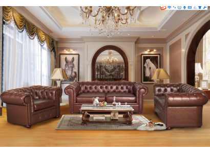 Clásico sofá de cuero Chesterfield marrón, conjunto de asientos tapizados de 3 plazas.