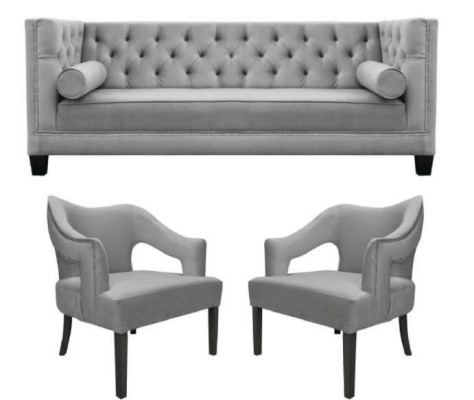 Conjunto de terciopelo plateado: Juego de 3 piezas de sofá Chesterfield con cojines de asiento.