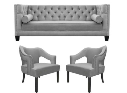 Conjunto de terciopelo plateado: Juego de 3 piezas de sofá Chesterfield con cojines de asiento.