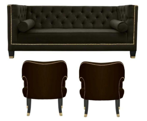 Sillón Chesterfield negro extra grande de tela, conjunto de muebles tapizados.